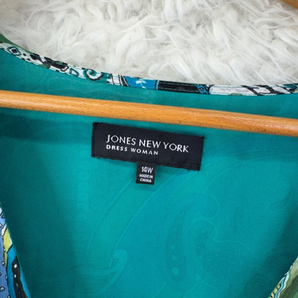 Jones New York‎ Paisley Faux Wrap Dress 14W Green Blue Boho Sleeveless Midi